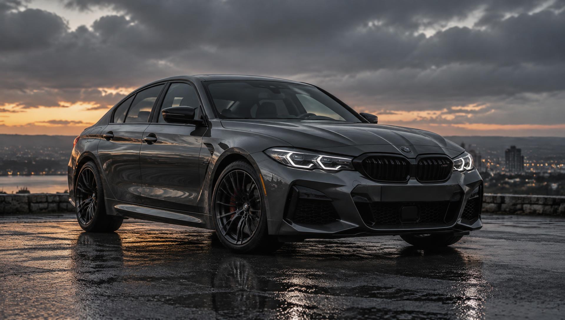 Dark sports sedan photographed on wet asphalt at dusk