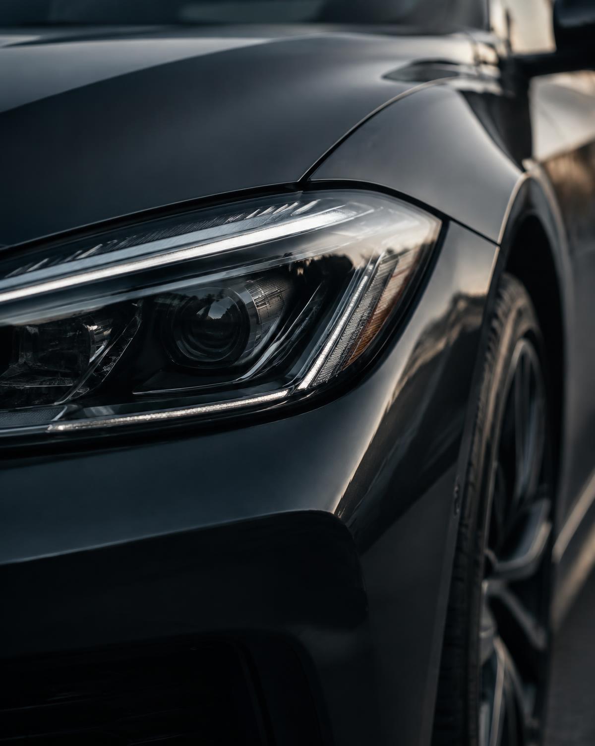 Detail photograph of a car headlight and front fender