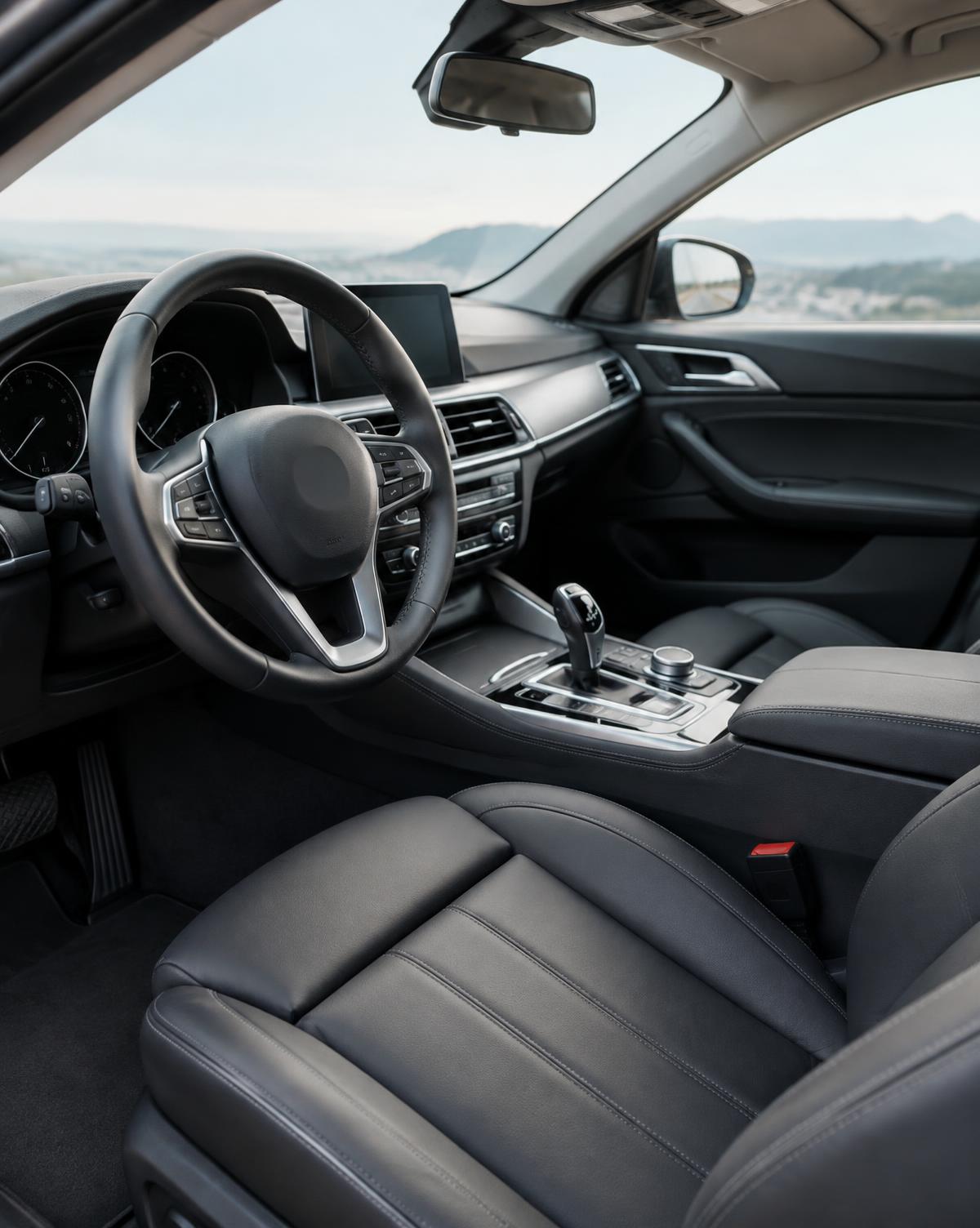 Interior photograph of a car cockpit and front seats