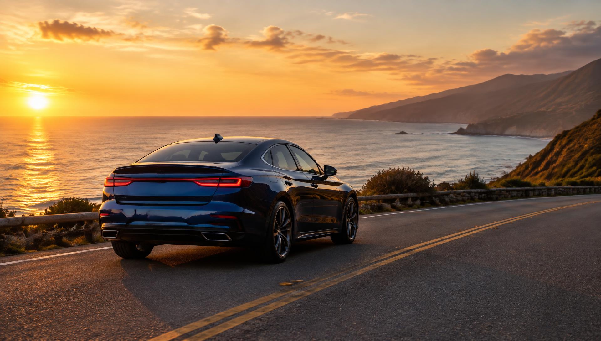 Rear three-quarter view of a dark car on a coastal road at sunset